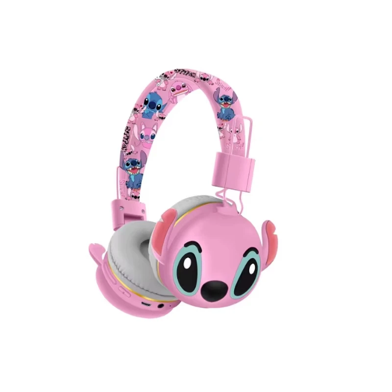 Headphone Bluetooth Anime Kartun Stitch Disney Ah-906 Earbud Nirkabel Suara Hifi Headset Lipat dengan Mikrofon Hadiah Anak-anak Kawaii