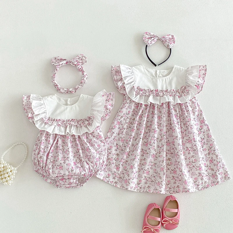 2026 New Summer Sister Clothing Kids Princess Dresses Infant Baby Romper Flying Sleeve Cotton Printed 2-7Yrs Girl Party Dress