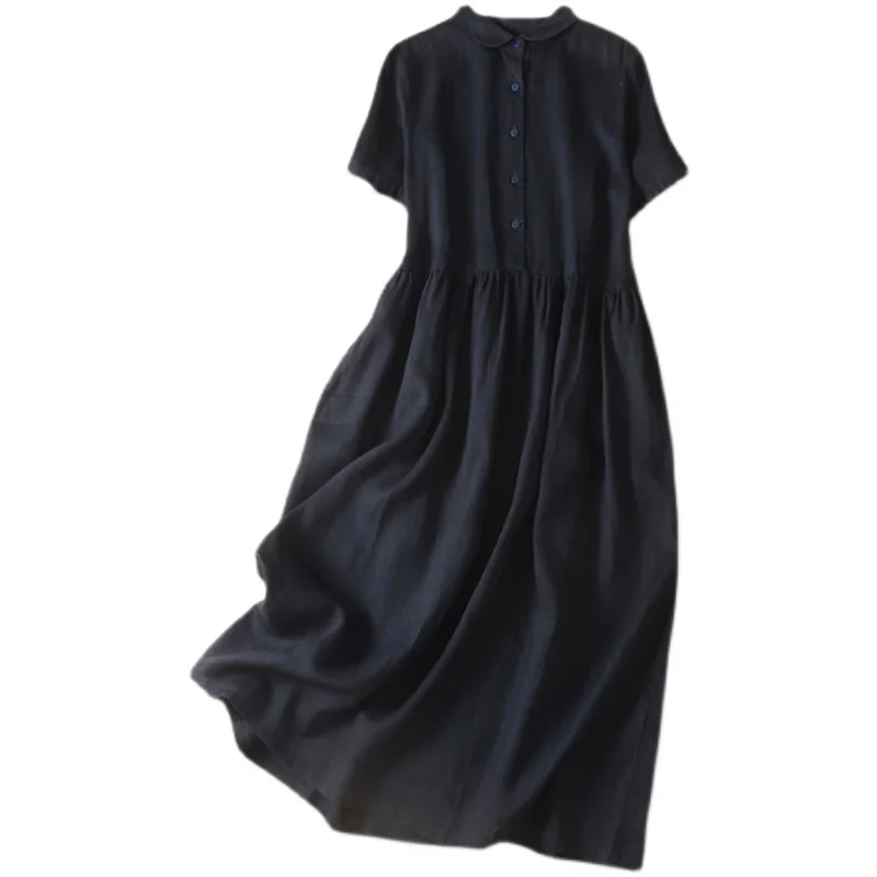 Summer Cotton Linen Shirt Dress Pure Color Short Sleeve Pleated Long Skirt A-Line Silhouette round Neckline Commute Style