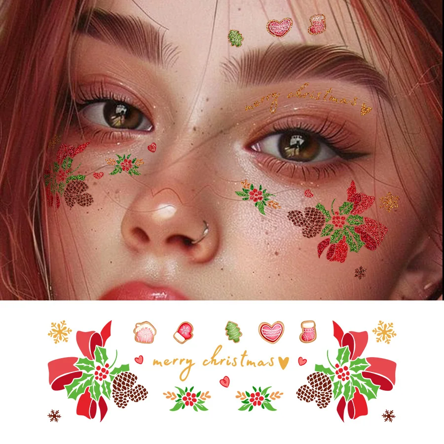 Christmas & Glitter Colorful Party Makeup Glitter Flashing Face and Finger Temporary Tattoo Stickers, Stars Santa Claus Snowflakes Bows Christmas Trees Snowmen Reindeer Cute Style Tattoos - Waterproof Temporary Tattoo Stickers Suitable for Women's Parties, Festivals, Role Playing