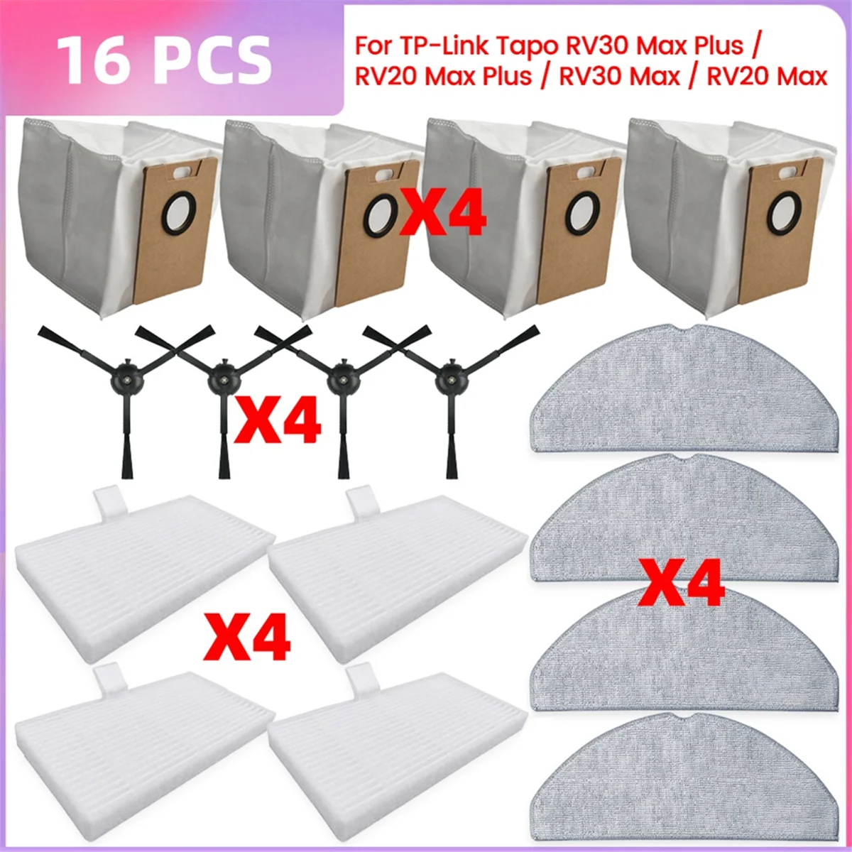 T27C For TP-Link Tapo RV30 Max Plus / RV20 Max Plus / RV30 Max / RV20 Max Parts Dust Bag Hepa Filter Side Brush Mop Cloth