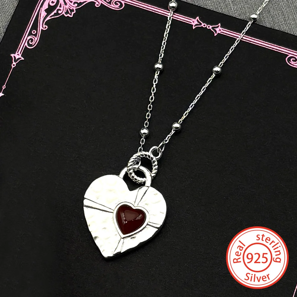 

Luxury 925 Sterling Silver Red Glass Heart Pendant Necklace for Women Girl Silver Color Bead Clavicle Chain Party Jewelry Gift