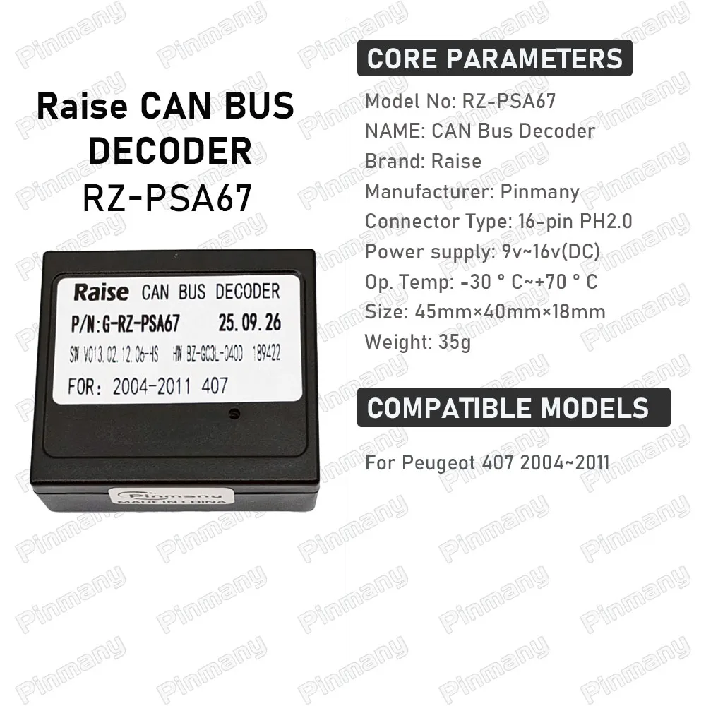 Raise CAN Bus Decoder G-RZ-PAS67 16-Pin Black Box Car Radio Audio Adapter For 2004-2011 Peugeot 407