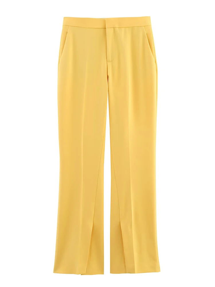 Nice New Women's Clothing European And American Style Yellow Front Slit High Waist Temperament Slim Flared Wide Leg Pants