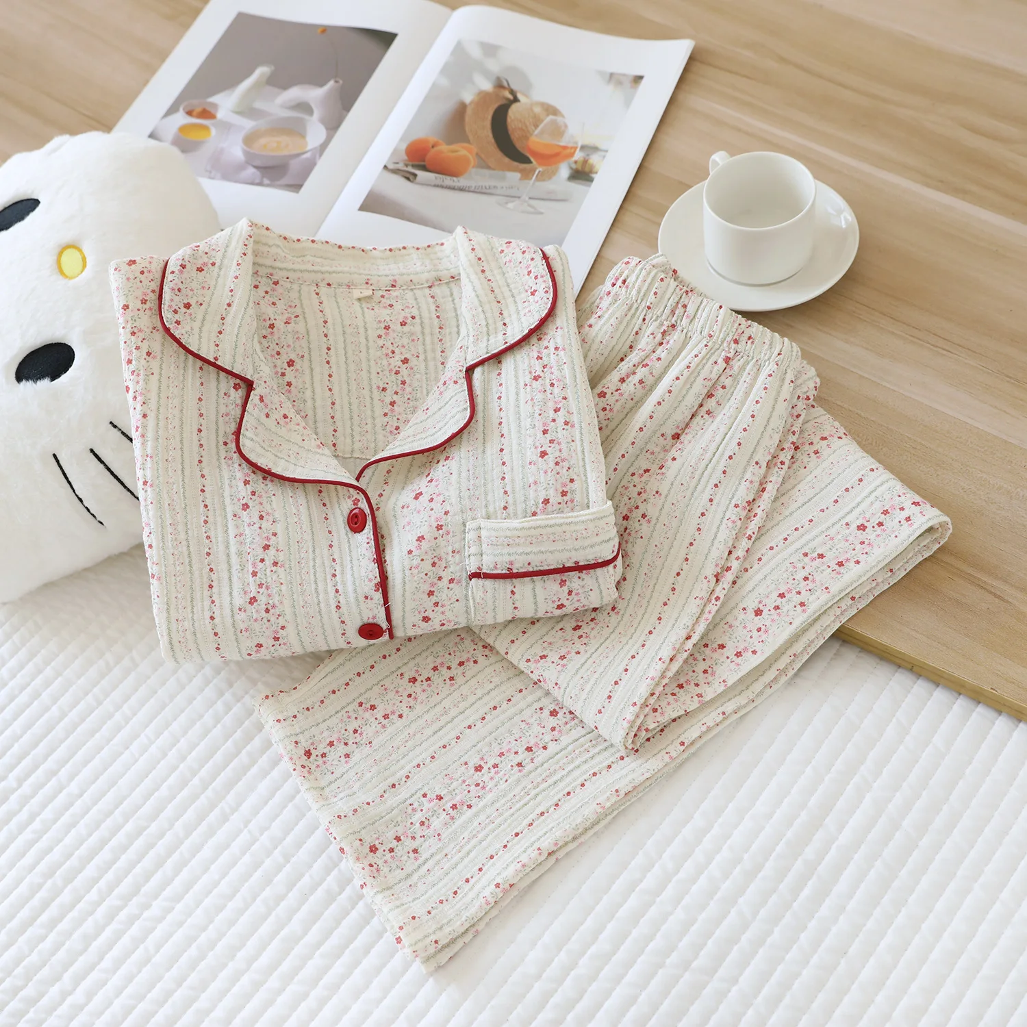 الصيف الخريف القطن طبقة مزدوجة الشاش الأزهار طباعة قميص طويل الأكمام السراويل منامة مجموعة لملابس المنزل النسائية #2