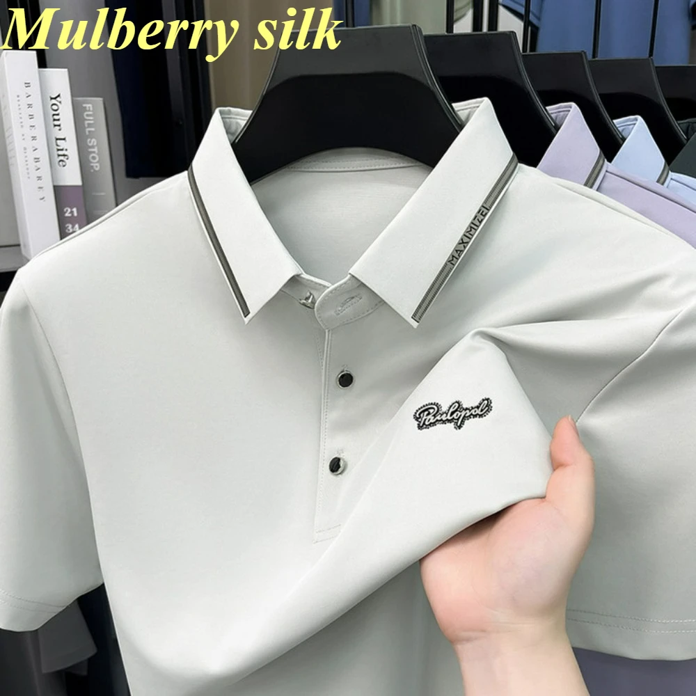 Men's Solid Color Business Casual T-shirt Mulberry Silk High-quality Short Sleeve Summer New Silk Polo Top