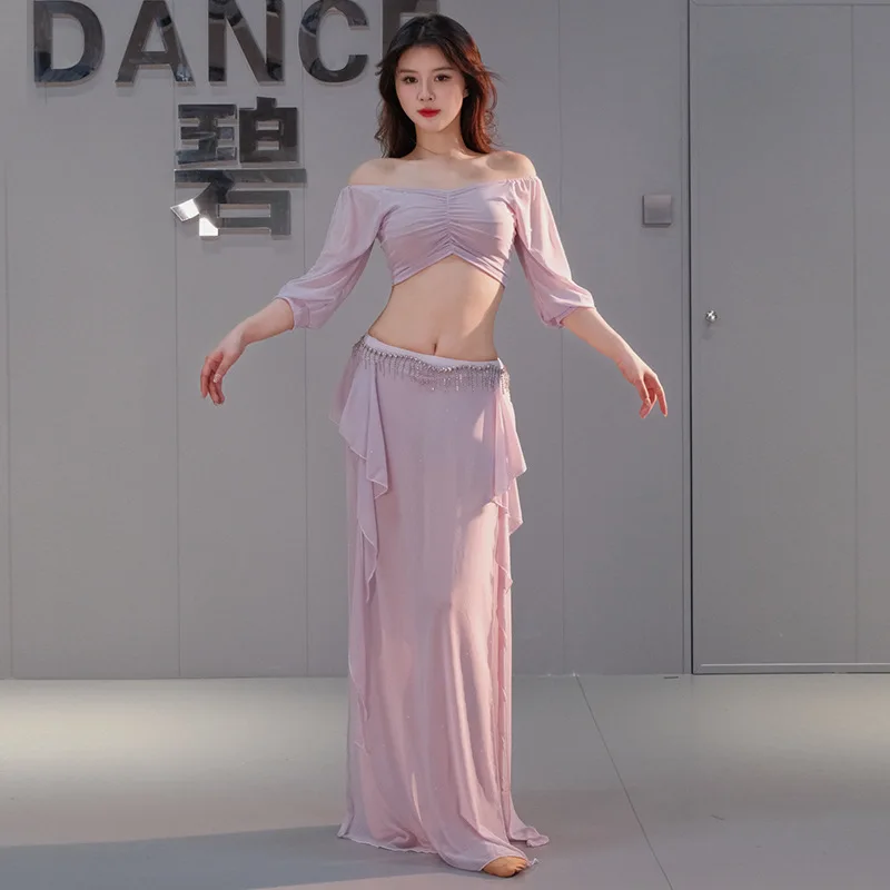 Personalizado 2025 novo traje de dança do ventre tamanho grande vestido prática conjunto topos e saia com malha vestido desempenho dança oriental
