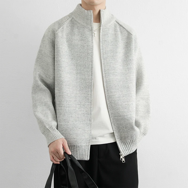

Мужской вязаный кардиган на молнии, однотонный, повседневный свитер-пальто с воротником-стойкой, весна-осень, новый стиль, удобный, из полиэфирного волокна