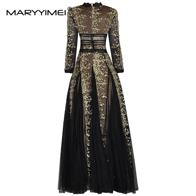 MARYYIMEI  Fashion Spring Autumn Party Dress Women's Sexy Lace V-Neck Embroidery Vintage polka dot Mesh Long XXXL Dresses