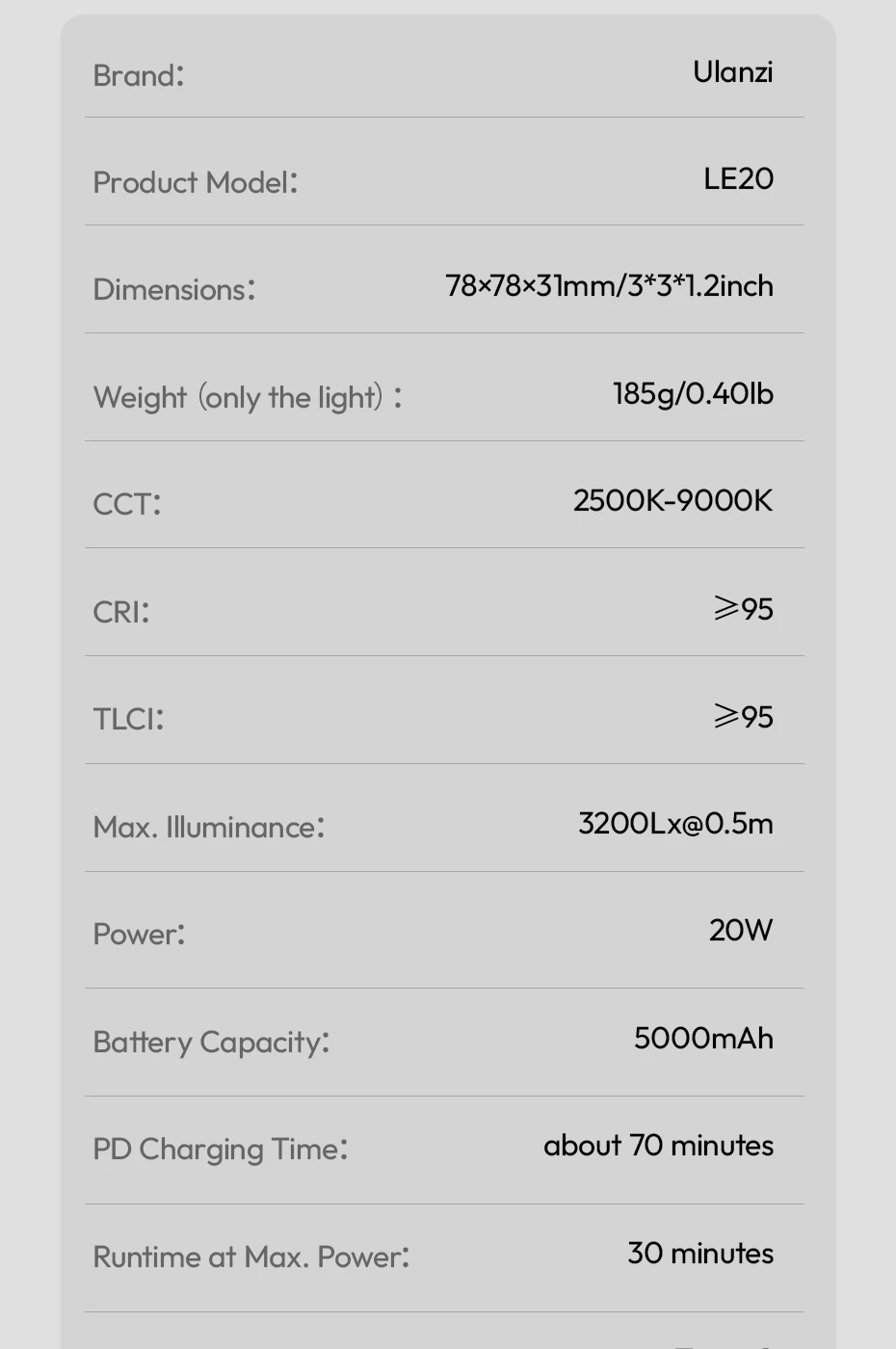 LE20 20W RGB Pocket Light CRI 95+ 2500K-9000K Dimmable Camera Video Light for DS