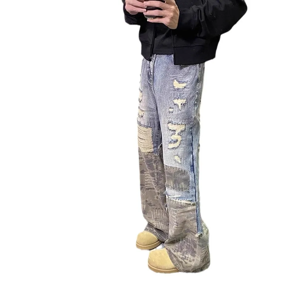 American Retro Style Faux Two-piece Pants High-end Camouflage Patchwork Jeans for Men Cleanfit Straight-leg Casual Pants