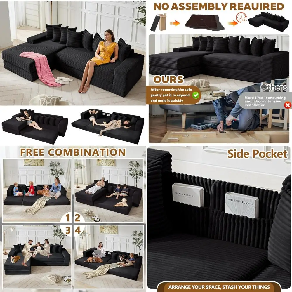 Convertible L-Shaped Sectional Sofa Bed with Reversible Chaise and 8 Pillows, Ideal for Floor Sleeping and Space-Saving Solution