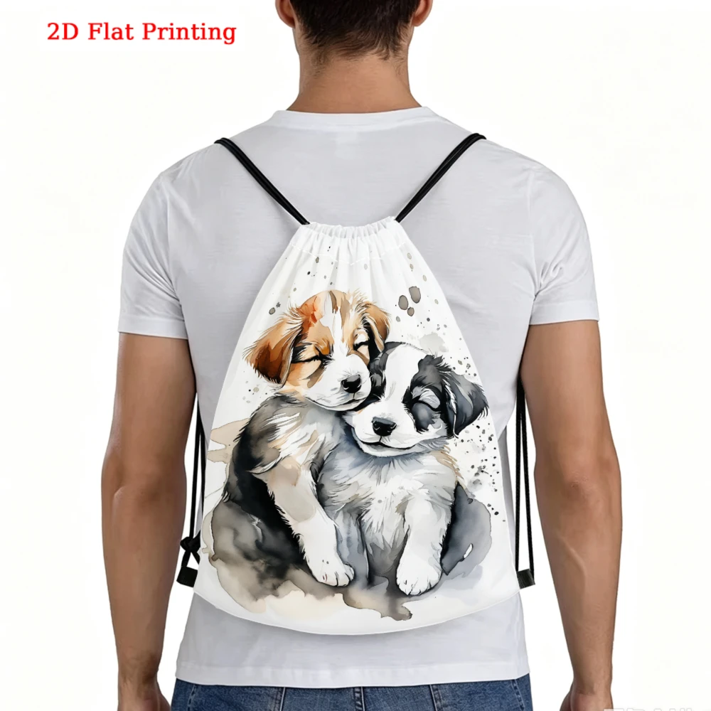 Cute Watercolor Style, Drawstring Backpack, 2D Flat Printing Sleeping Puppies Pattern, Fitness Sports Bag, Outdoor Travel Drawst