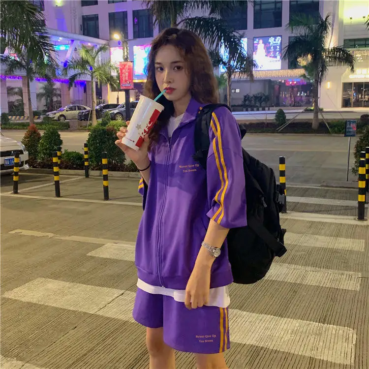 

Повседневный комплект спортивной одежды, женский корейский свободный свитшот в полоску на молнии на молнии, комплект из двух предметов (3) онлайн