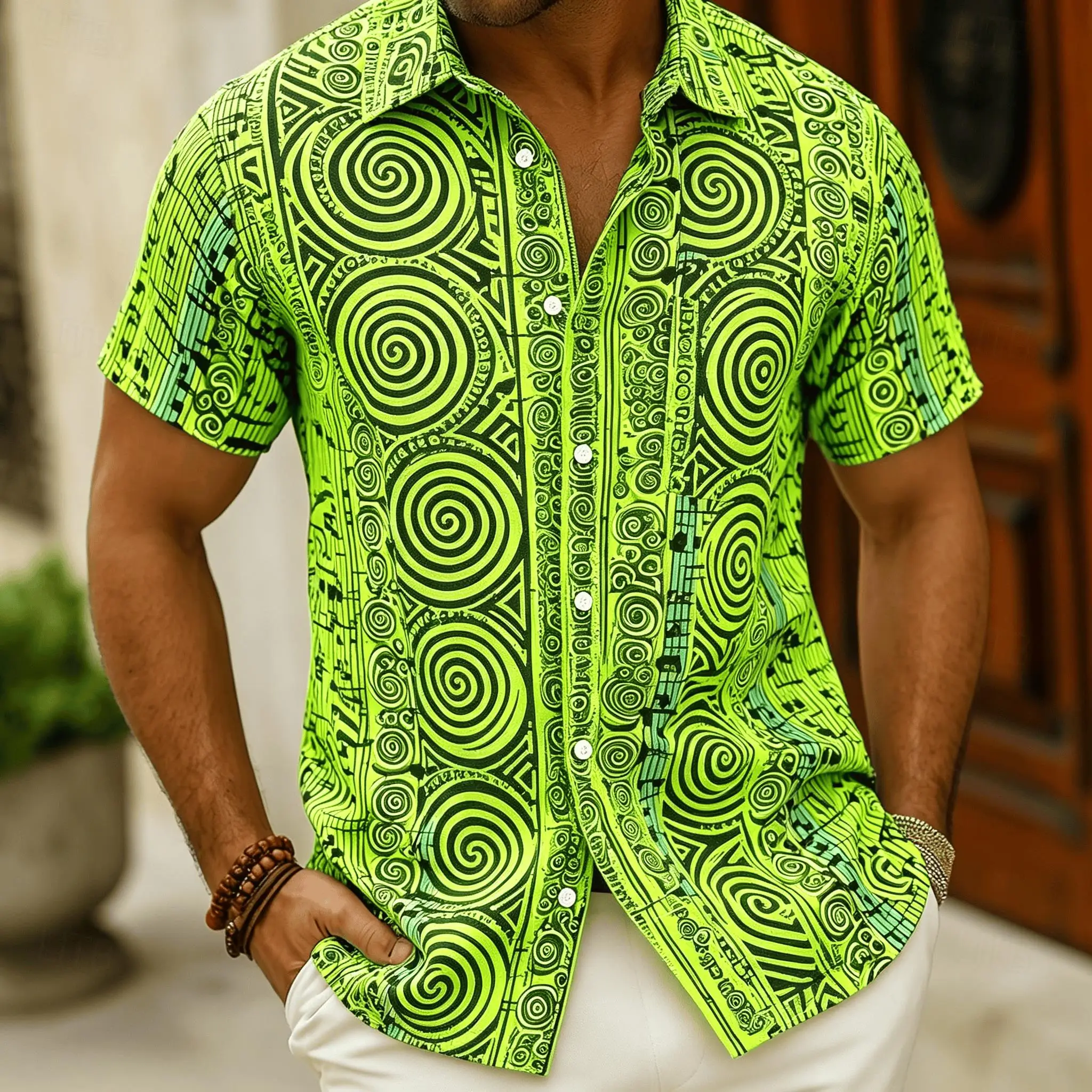 Men's Neon Tribal Spiral Geometric Print Short Sleeve Shirt Lapel Button Placket Outdoor Gathering Style Mens Hawaiian Tops