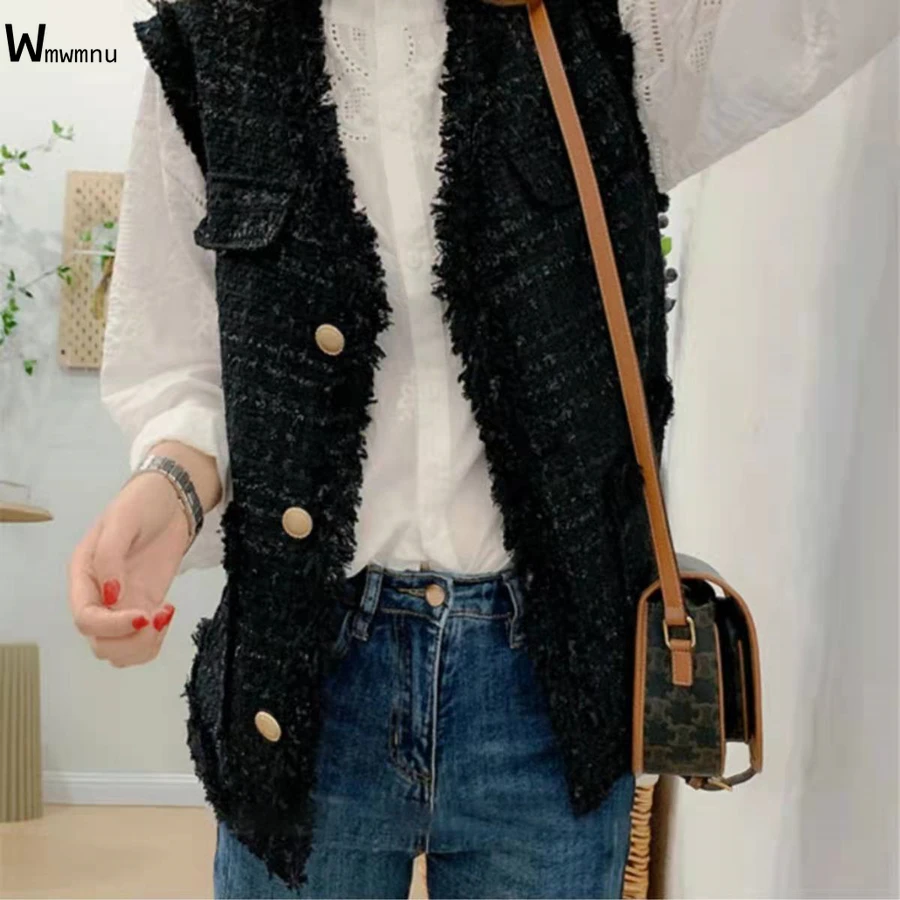 

Gilet Blanc Sleeveless Vests Korean Style Button Waistcoat Chalecos Elegantes Para Mujer Vintage Tweed Vest Pocket Women Jacket