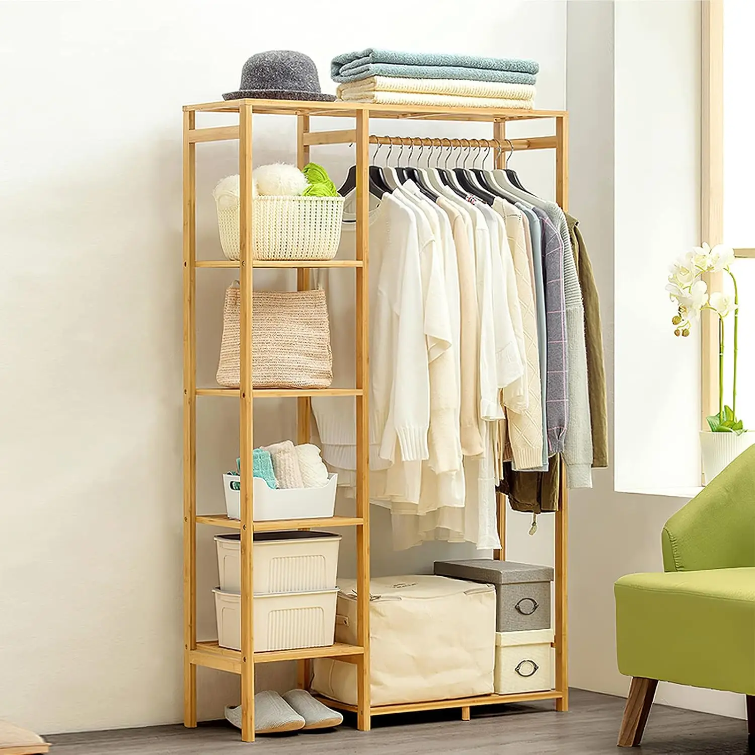 Clothing Rack with 6 Tier Storage Shelf Multifunctional Garment Organizer Wardrobe Closet for Guest Room Kids Baby Bedroom Entry