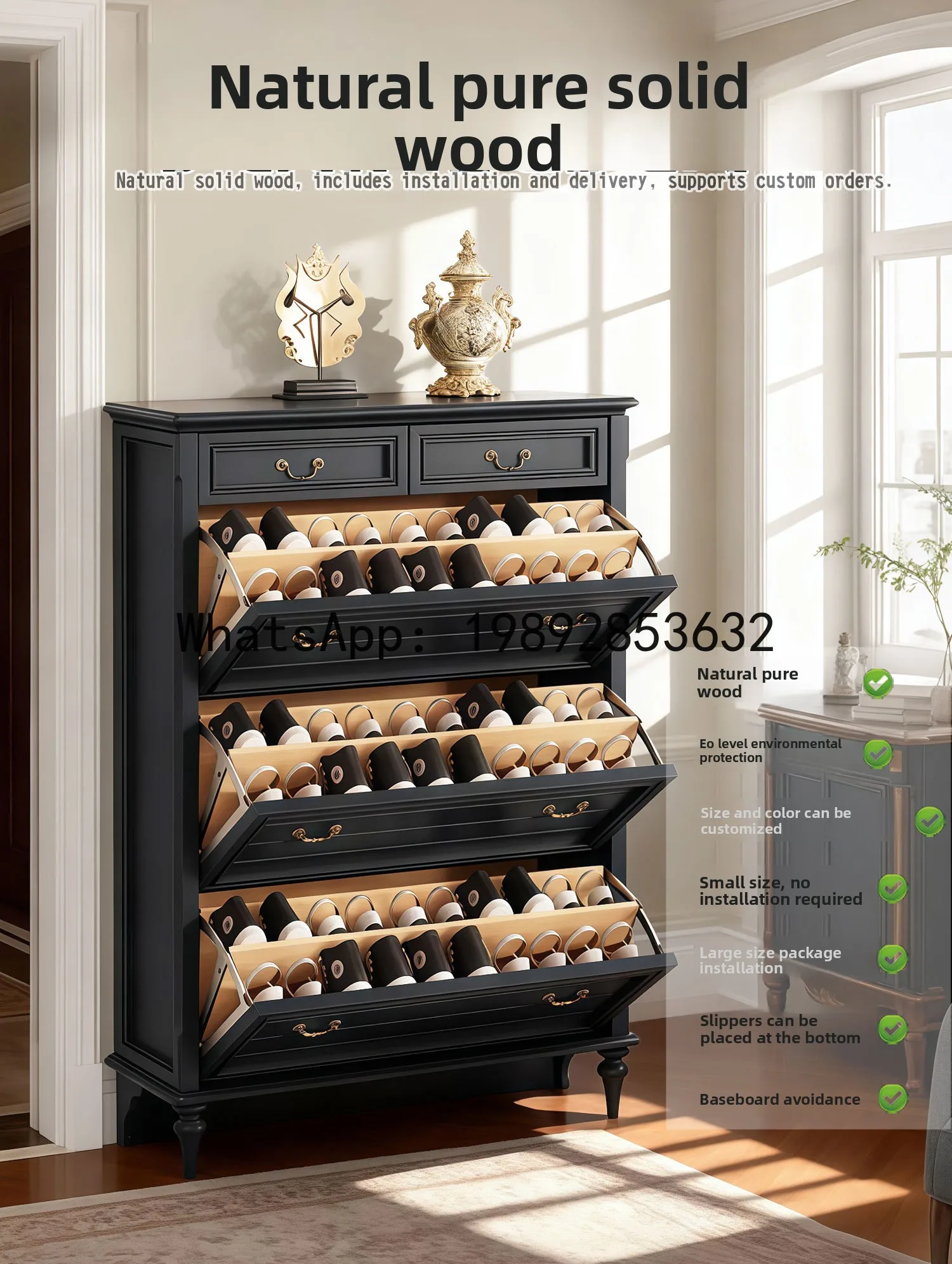 

YFY Solid Wood Custom American Retro Vintage Style Black Large Capacity Flip Bucket Space-Saving