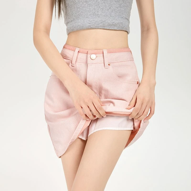 FINEWORDS Casual High Waist Denim Pink Skirt Women A Line Harajuku Vintage Korean Skirt With Inner Lining Streetwear Mini Skirt
