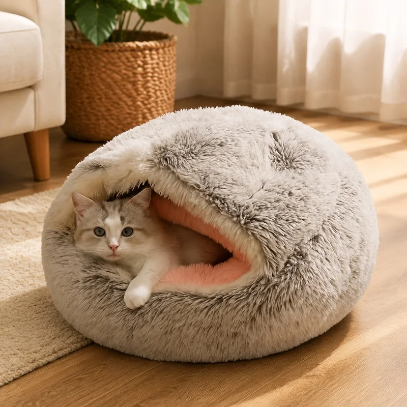 Winter Warmth Pet Bed with Soft Fleece Lining, Semi-Enclosed Plush Cat Nest for Comfort
