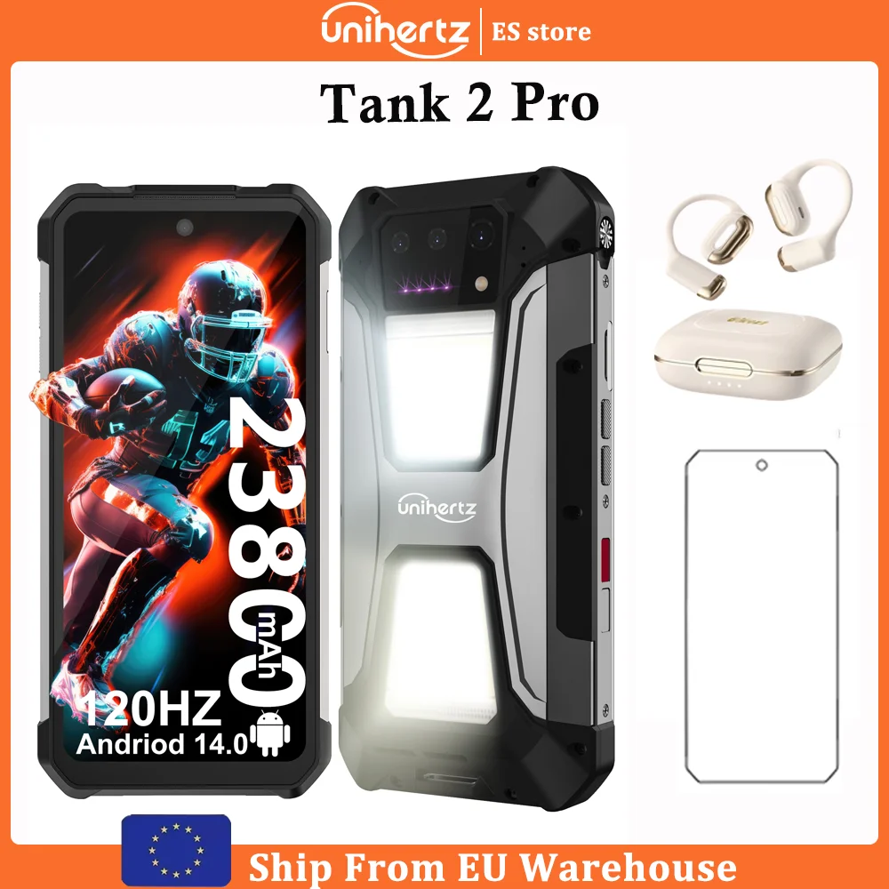 Smartphone Uniherz Tank 2 PRO 8849 Android 15 avec projecteur, 24 Go de RAM, 512 Go de stockage, batterie 23800 mAh, appareil photo 100 MP, écran 2.4K 6.79 pouces 120 Hz, 4G