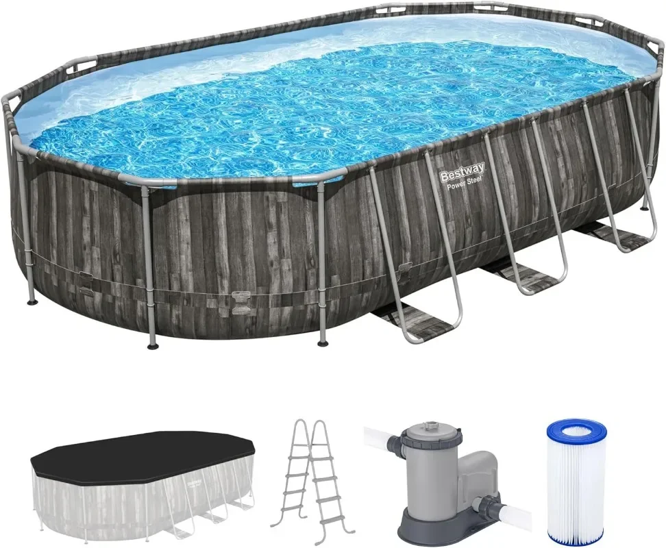 Bestway Power Steel 20’ x 12’ x 48” Above Ground Pool, Oval Metal Frame Outdoor Swimming Pool Set with Filter Pump, Ladder