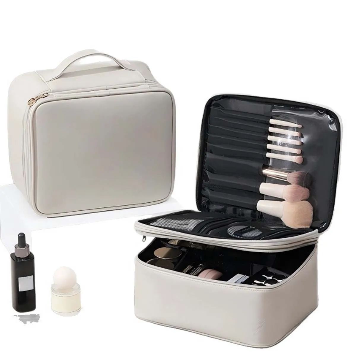 The new double-layer fashionable PU makeup bag is a portable hand-held storage bag with a large capacity and multiple compartmen