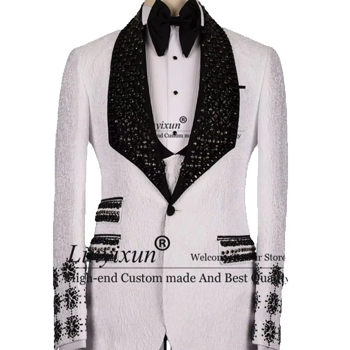 

Sparkly Beaded Crystal Men Suits Jacquard Groom Tuxedos 3 Pieces Sets Male Prom Blazers Customized Slim Wedding Costume Homme