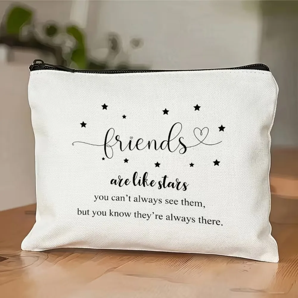 Friendship Saying Makeup Bag Stars & Heart‑Line Art Canvas Zipper Cosmetic Pouch Travel Toiletry Organizer Purse Gift for Bestie