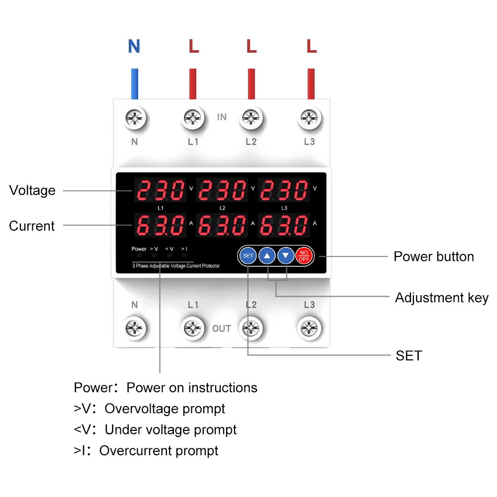 Wyświetlacz LCD 63A Din Rail 3-fazowy regulowany nad i pod przekaźnikiem ogranicznik napięcia z zabezpieczeniem prądowym 3*220V 380V