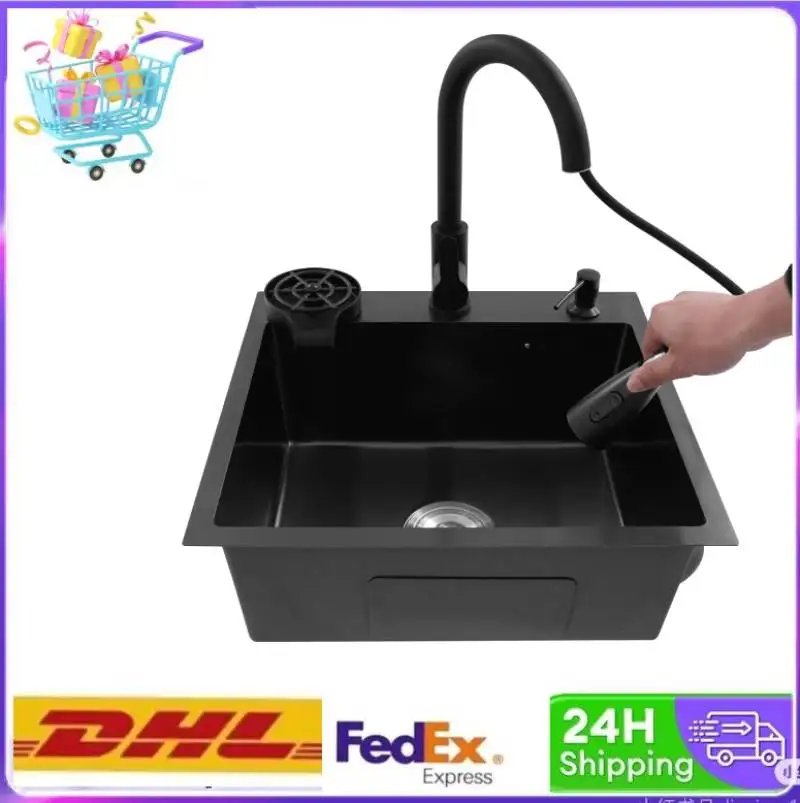 19.69*17.72in Kitchen Sink with Pull-Out Faucet Soap Dispenser Cup Washer Drain Basket Drain for Kitchens Cafes Bars Hotels
