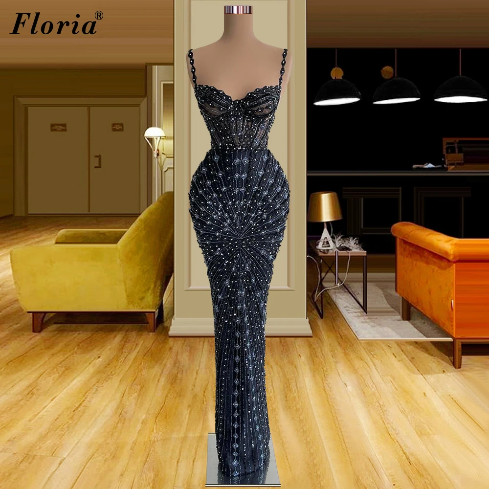 Black Beaded Mermaid Cocktail Dresses Spaghetti Sexy Beach Prom Dresses Handmade Sewing Evening Gowns For Women Abendkleider