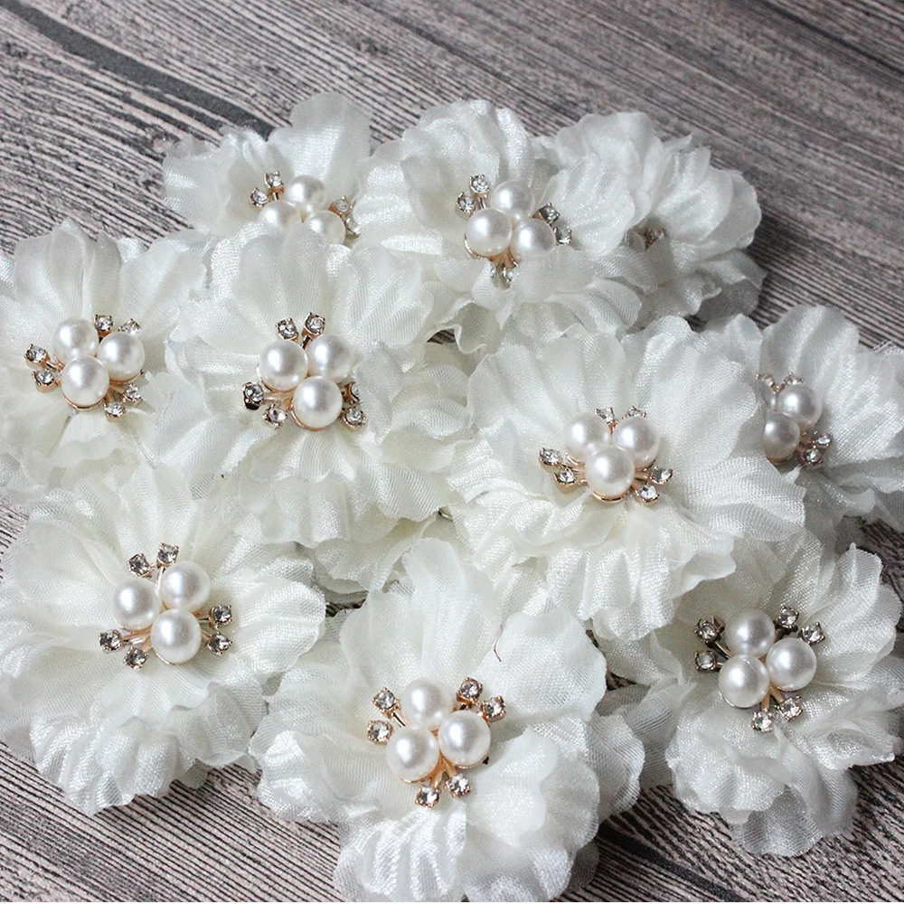 100pcs/Lot Solid Silk Flowers With Pearl Rhinestone Flat Back Craft Fabric Flowers Kids Girl Hair Flowers DIY Flower Accessories