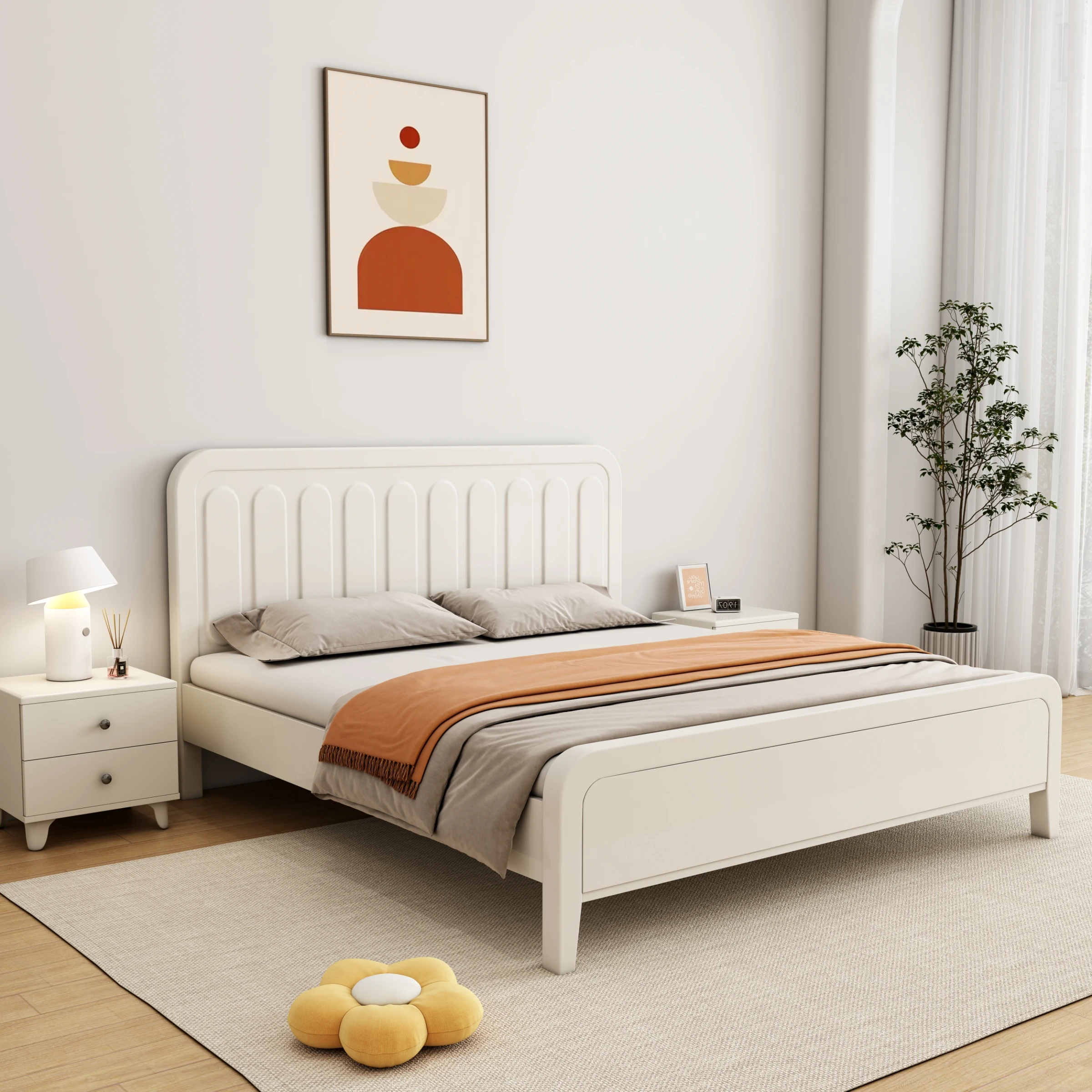 Nordic white solid wood bed, modern simple single double bed, 1.8m, 1.5m, vintage shell bed, master bedroom storage