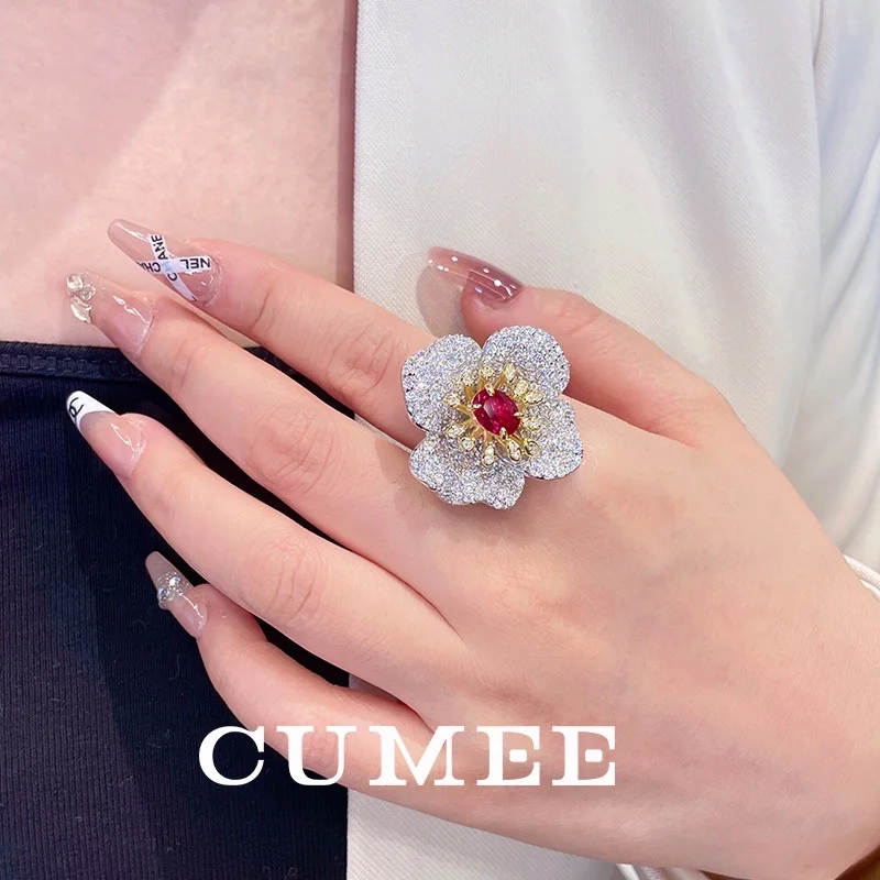 CUMEE Elegant Flower Synthetic Ruby Women Ring Sterling Silver Gold Plated Fine Jewelry