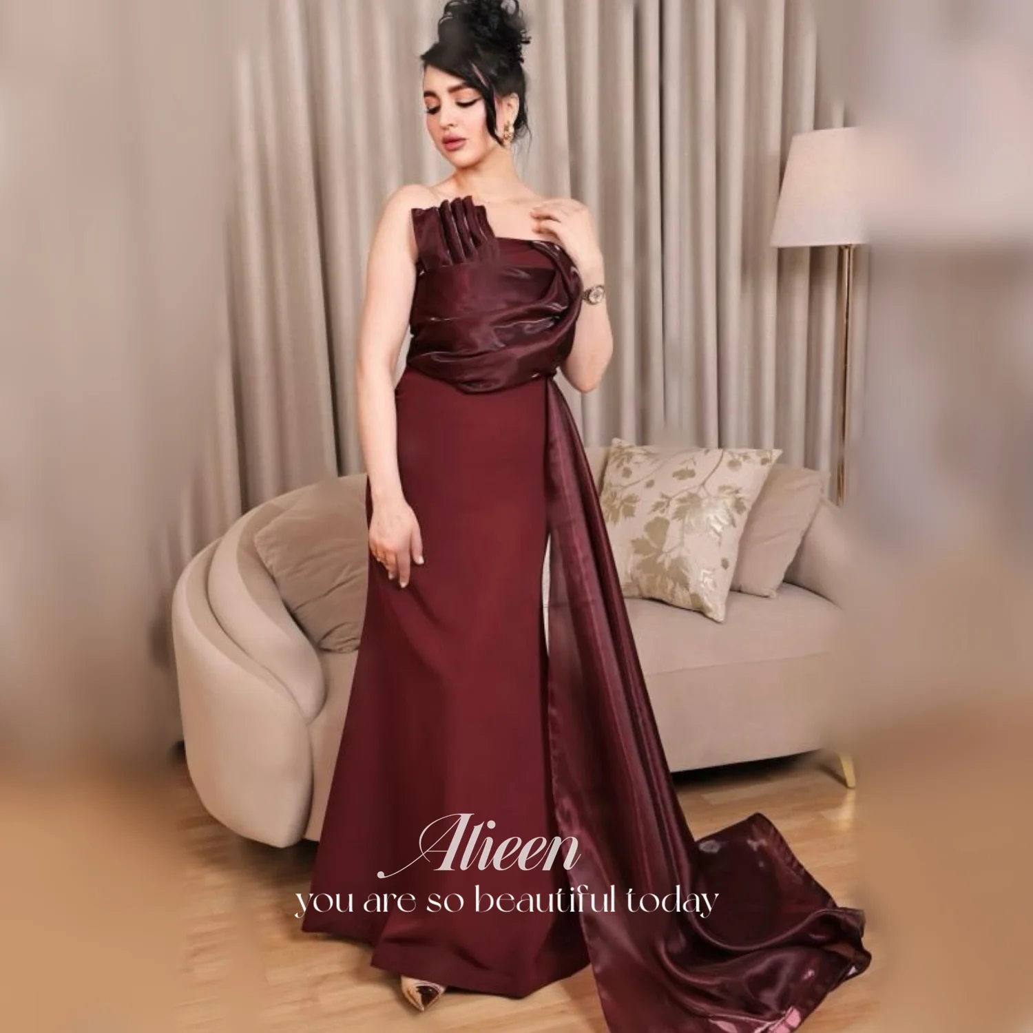 Aileen Burgundy Satin One Shoulder Evening Dress Elegant Sleeveless Mermaid Floor-Length Beading Formal Party Dress Customized