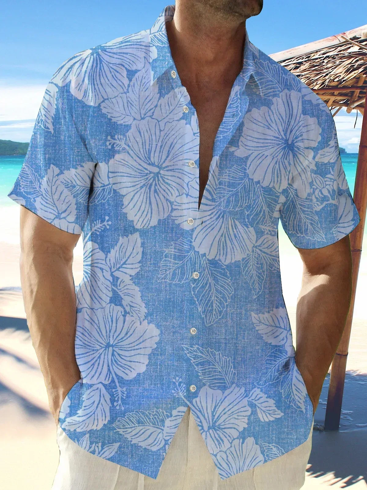 Men's light color floral 3D printed lapel short sleeve buttons light and breathable Hawaiian beach clothes business simple Top
