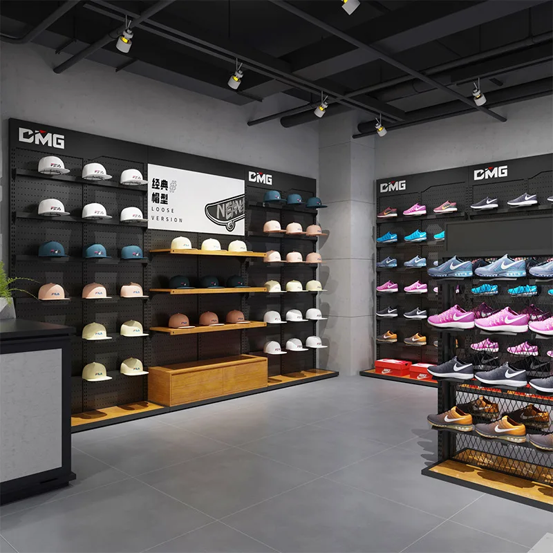 TOP Fashion Men's Sneakers Shop Wooden Base Display Stand Retail Metal Levitating Shoe Display Rack Showcases Interior Design