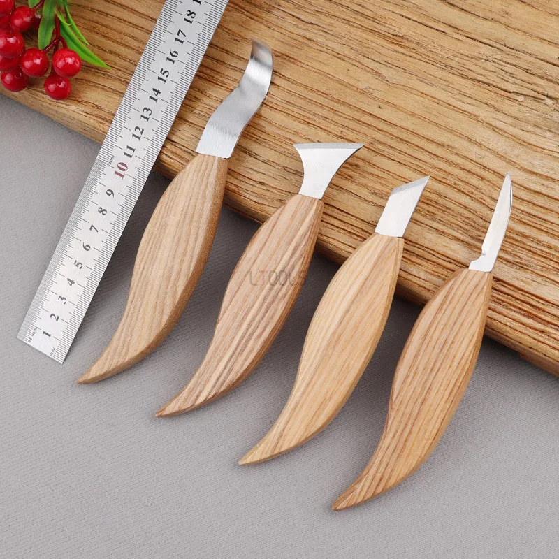 4pcs White Ash Wood Handle Carving Knife Set Woodworking Whittling Knives Hand DIY Wood Carving Tools Wood Scraping Chisels