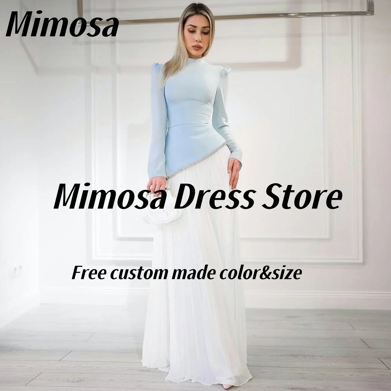 

Mimosa 2025 платья для выпускного вечера с высоким воротником и длинными рукавами на молнии сзади, свадебное платье с рюшами, шифоновые вечерние платья по индивидуальному заказу