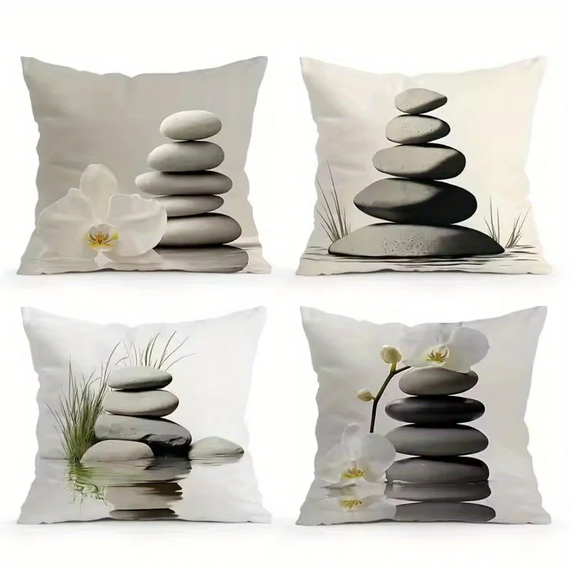 4pcs Tranquil Zen Art Throw Pillow Covers, Water Reflection Stone Stack Print Cushion Cases, Calming Minimalist Aesthetic Decor