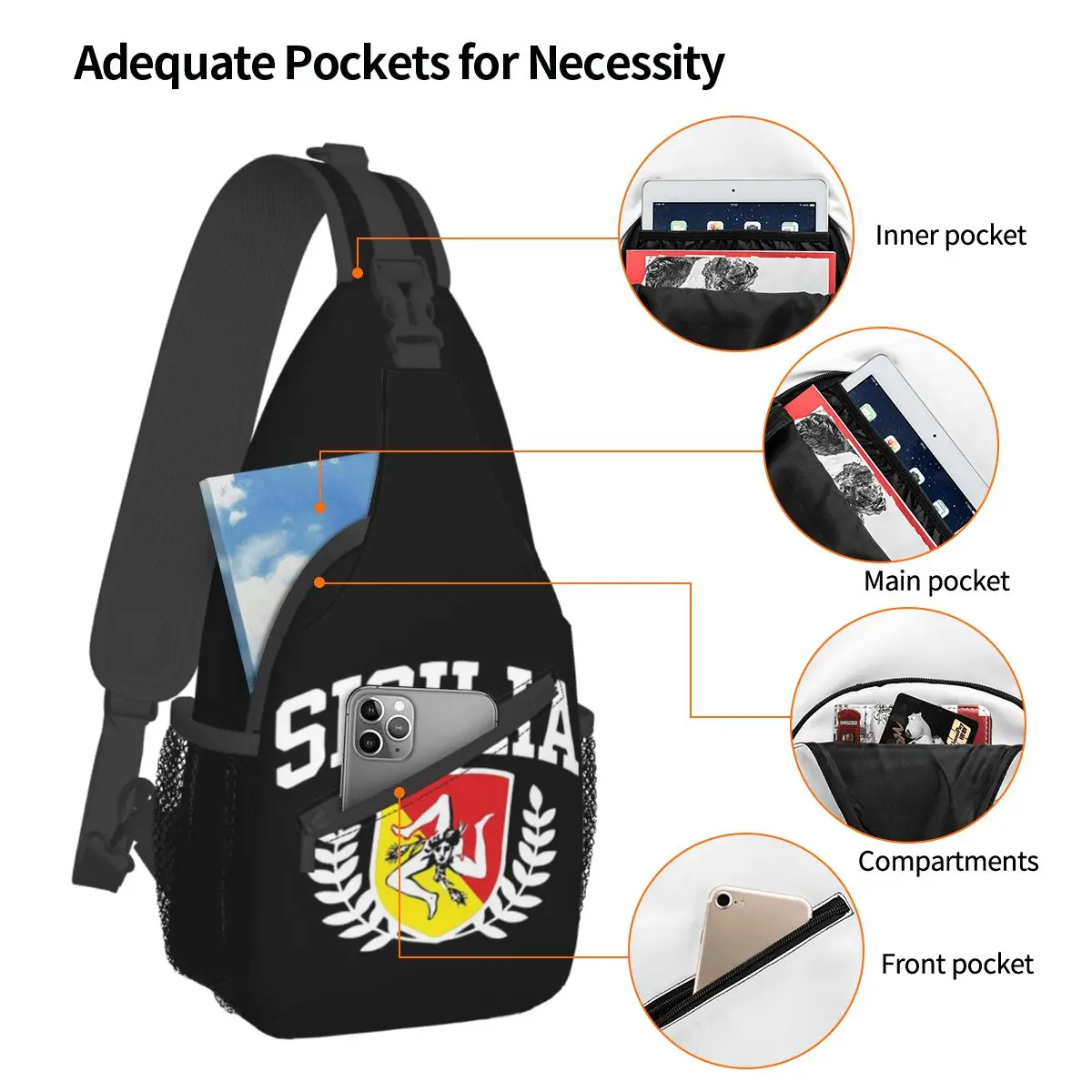 Sicília Itália Sicilia Crossbody Sling Bags Pequeno Peito Bag Shoulder Mochila Daypack para Viagem Caminhadas Sports Pack