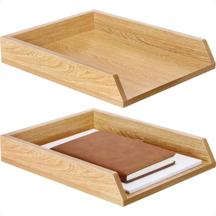 

2 Pcs Wooden Letter Trays Wood LetterSize Desk Organizer Heavy Duty 2 Tier Stackable ports Paper Tray Desktop Drawer Organizer