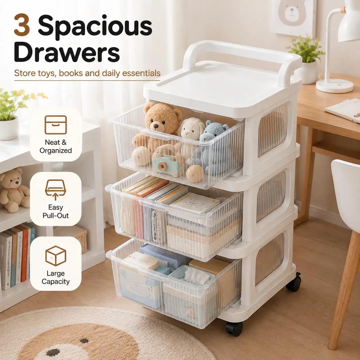 3-Tier Stackable Kids Rolling Storage Cart, Pull Out Drawers, Free Cartoon Stickers, Freely Matchable Detachable Toy Organizer Trolley With Handle & Silent Wheels, Plastic Storage Cabinet For Bedroom Playroom Nursery, Red/Green/White Available
