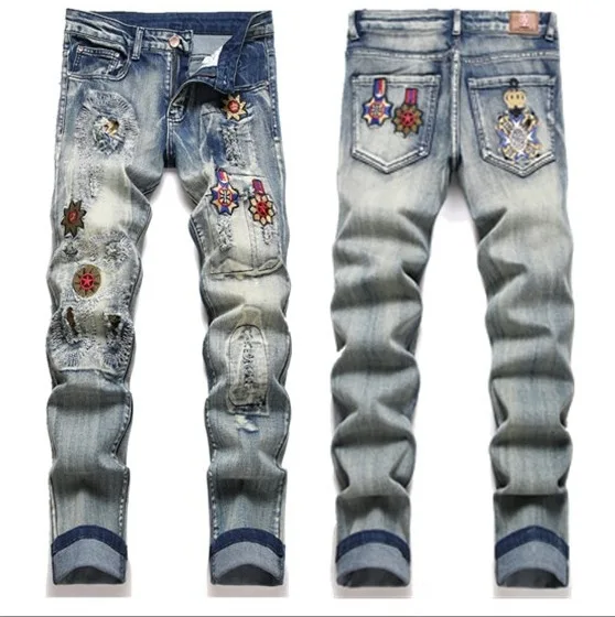 European and American Fashion Men's Slim-fit Stretch Skinny Denim Long Pants with Ripped Details and Embroidered Patches.