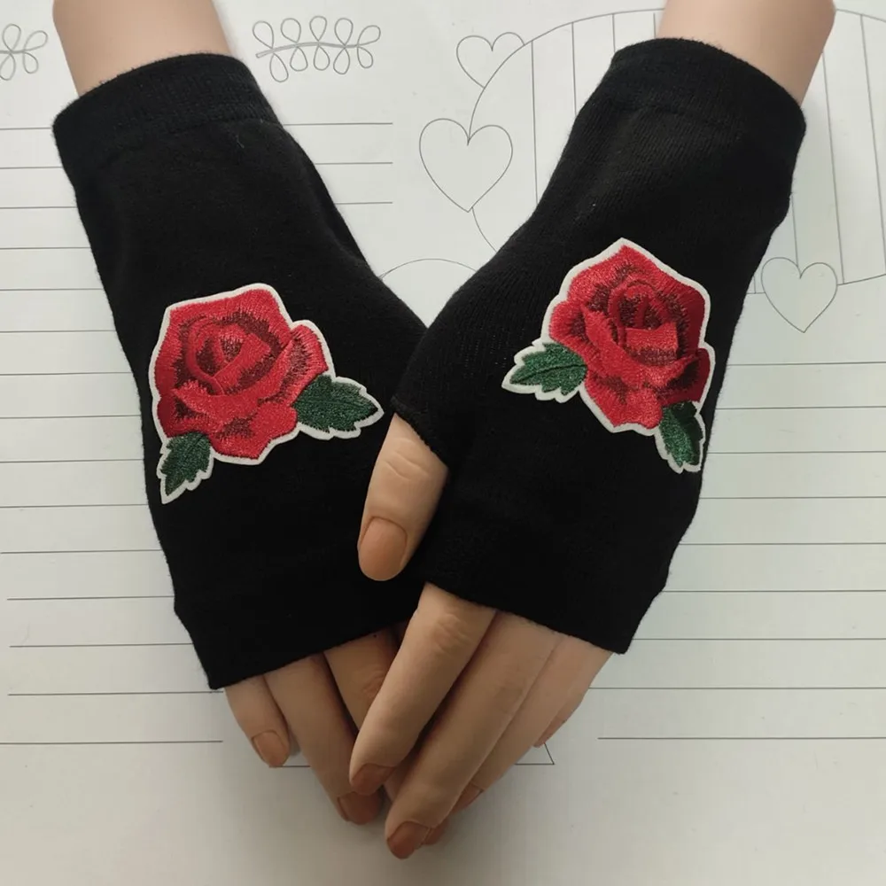 Guantes de punto sin dedos con bordado de rosas, novedad