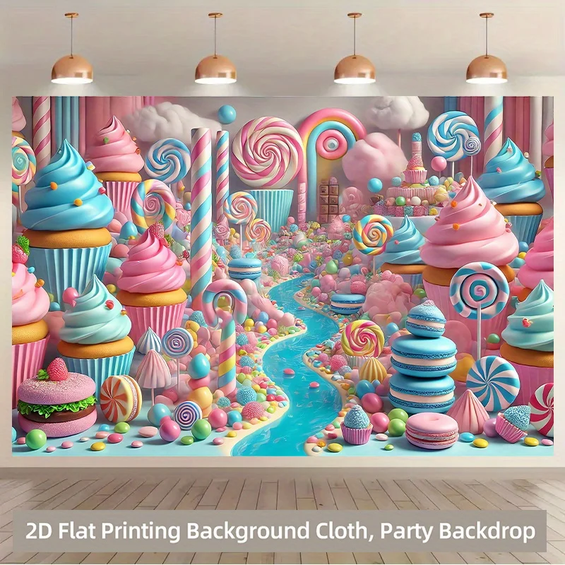 2D flach, Candy Fairyland-Hintergrundstoff – lebendiges 2D-Flachgedrucktes Polyester, skurrile Süßigkeiten- und Dessertszenen