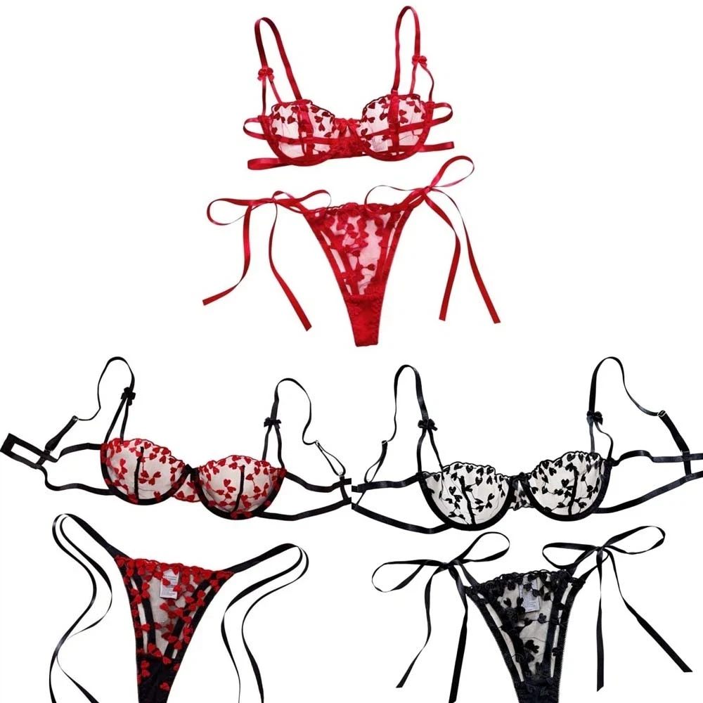 Lace Bra Suspender Two-piece Underwear Set Lace Mesh Love Heart Embroidery Panties Underwear for Women Valentine's Day Gift