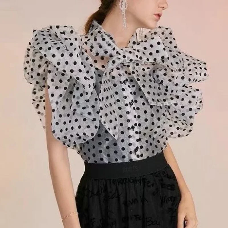Ruffle Puff Sleeve Black Polka Dot Shirt Women Vintage Blusa Bow Lace Up Lantern Transparent New Blouse Top 2024