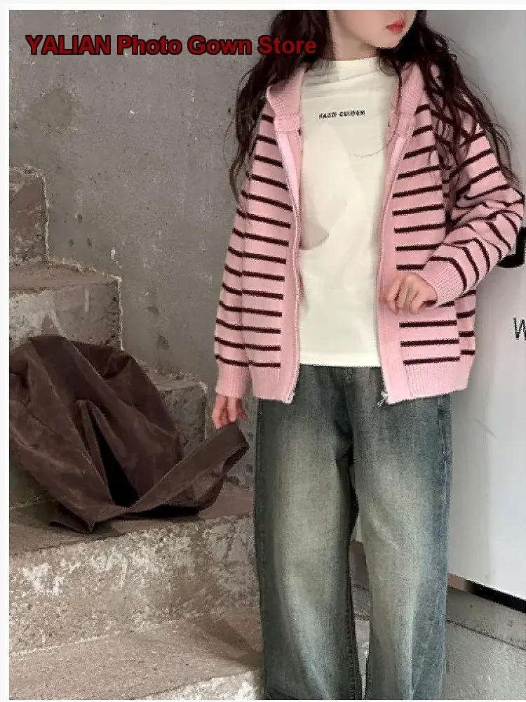 Girls Knit Cardigan Kids Autumn Stylish Striped Pattern Long Sleeves Trendy Girl Sweatshirt Older Kids